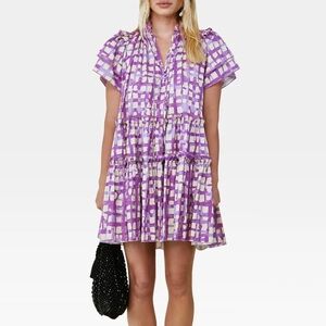 Hunter Bell NYC (XS) Merrit Split-Neck Tiered Mini Cotton Dress Purple Printed